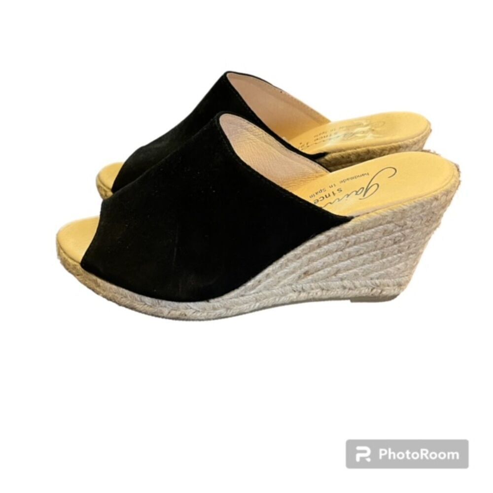 Gaimo Suede Slide Sandals Wedge Heels Espadrille Peep Toe Black Size 10
